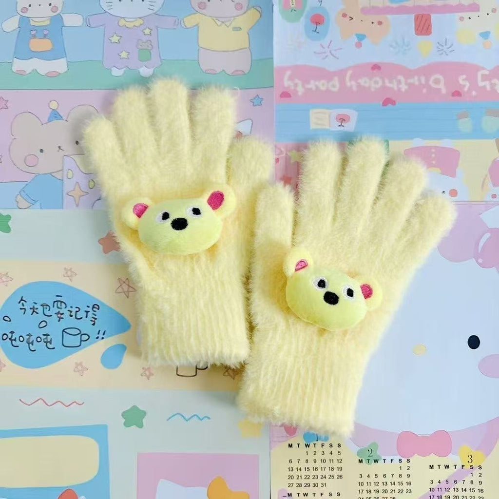 Retro Cute Pop Bear Candy Color Bear Five-Finger Warm Plush Touchscreen Gloves