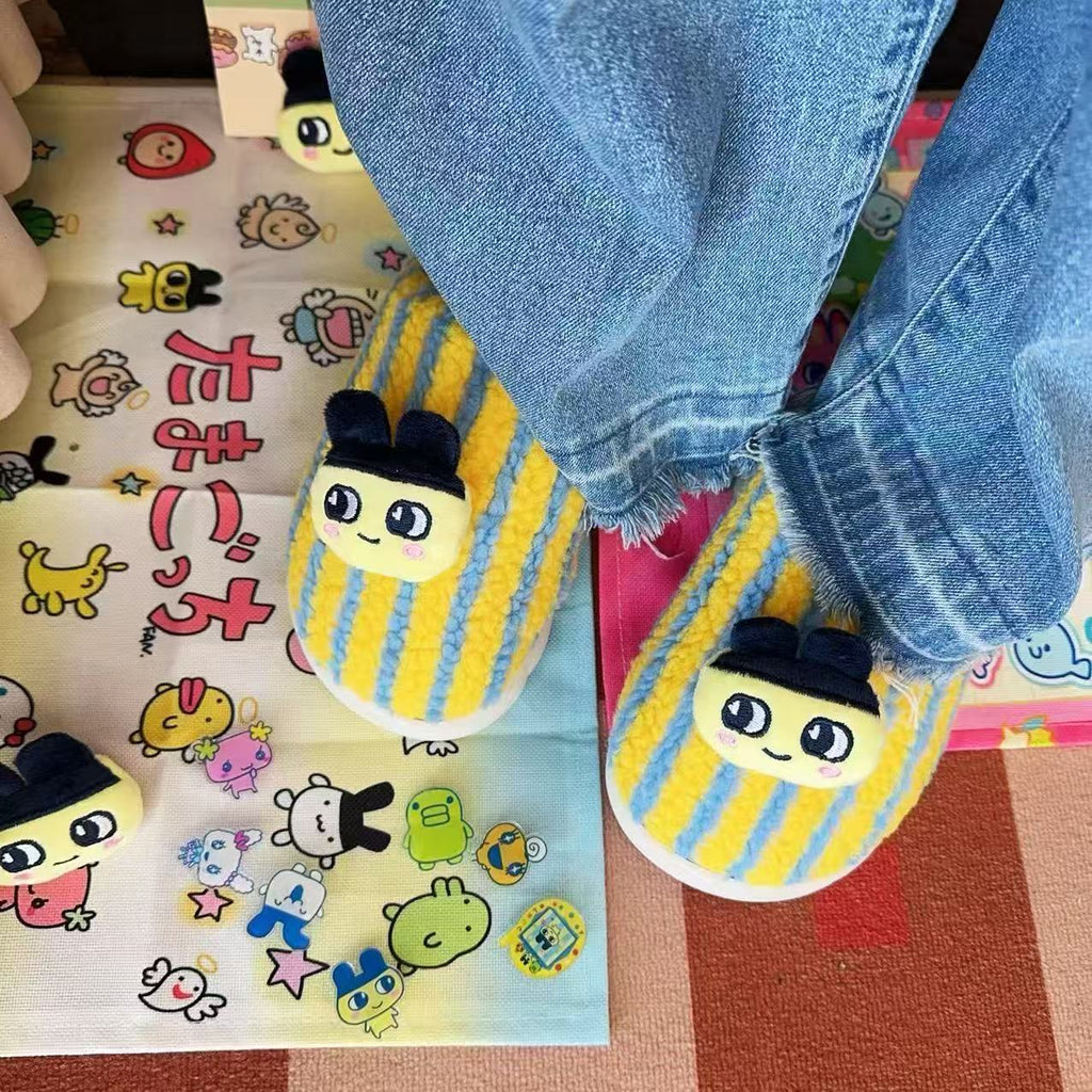 Cute cartoon Tamagotchi autumn and winter fur shoes home contrast color stripes fashion high-end personality cotton slippers for men and women