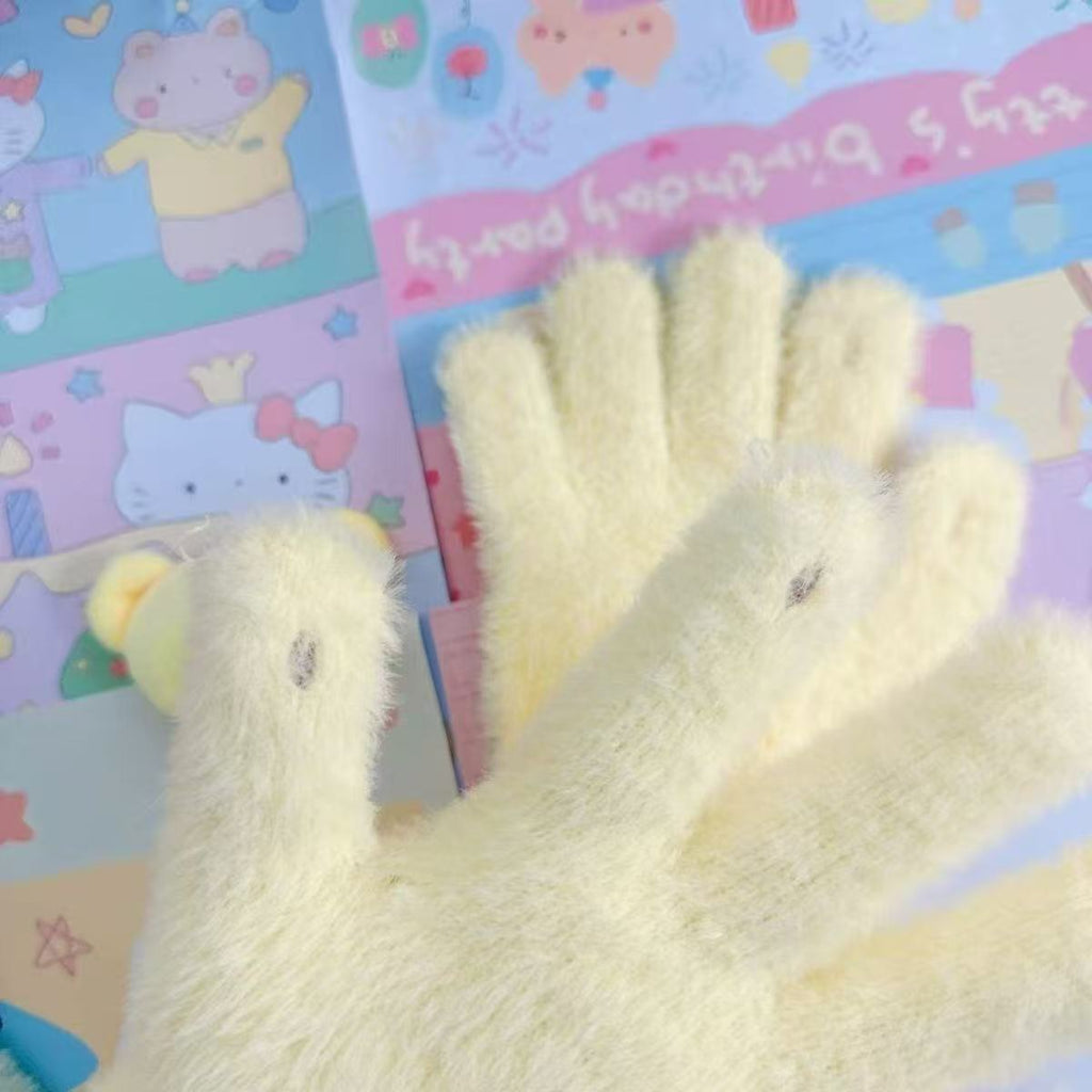 Retro Cute Pop Bear Candy Color Bear Five-Finger Warm Plush Touchscreen Gloves