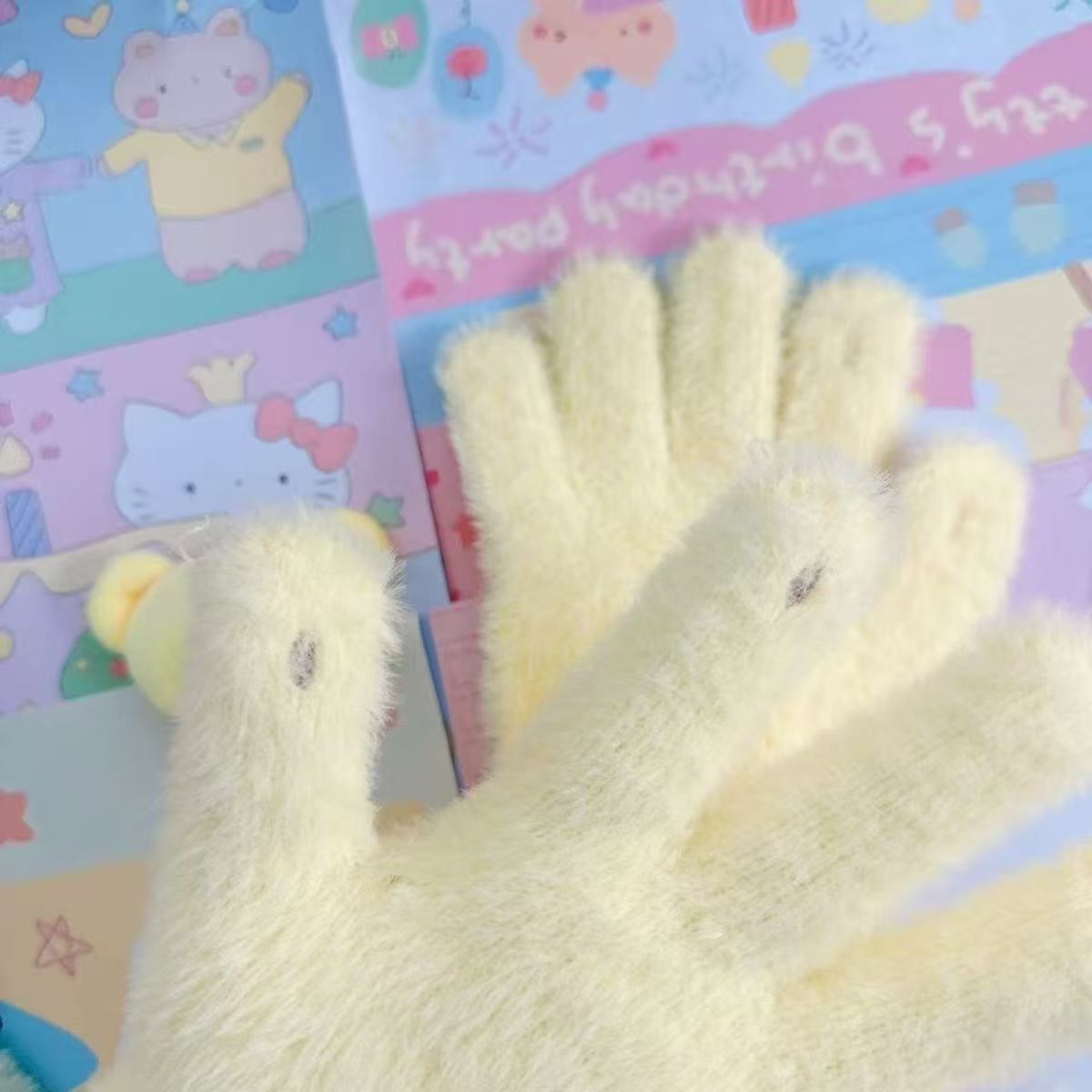 Retro Cute Pop Bear Candy Color Bear Five-Finger Warm Plush Touchscreen Gloves