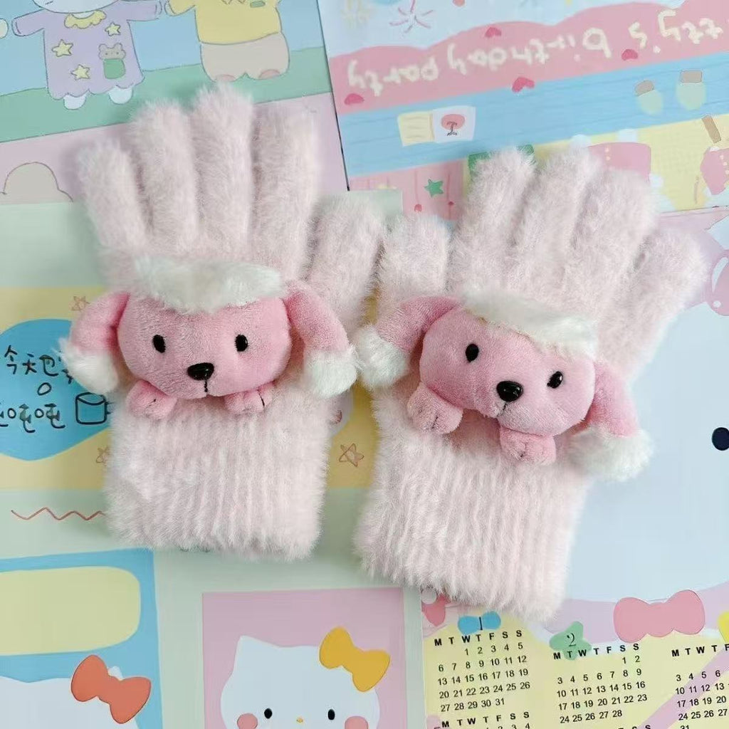 Retro Cute Showa-era Style Puppy Sweet Five-finger Warm Plush Touchscreen Gloves