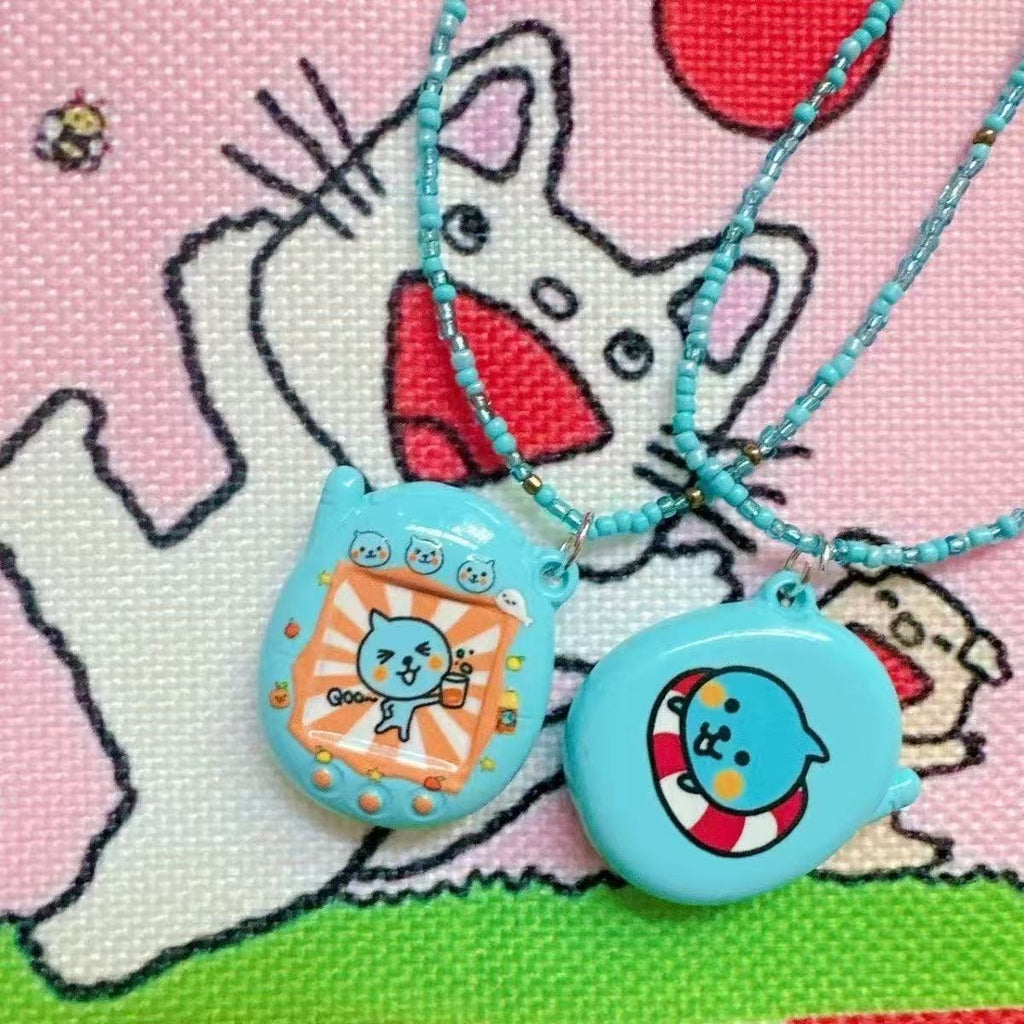 Original Homemade Blue Queer Beaded Necklace Rice Bead Chain Clavicle Chain Childlike Simulation Electronic Pet Tamagotchi