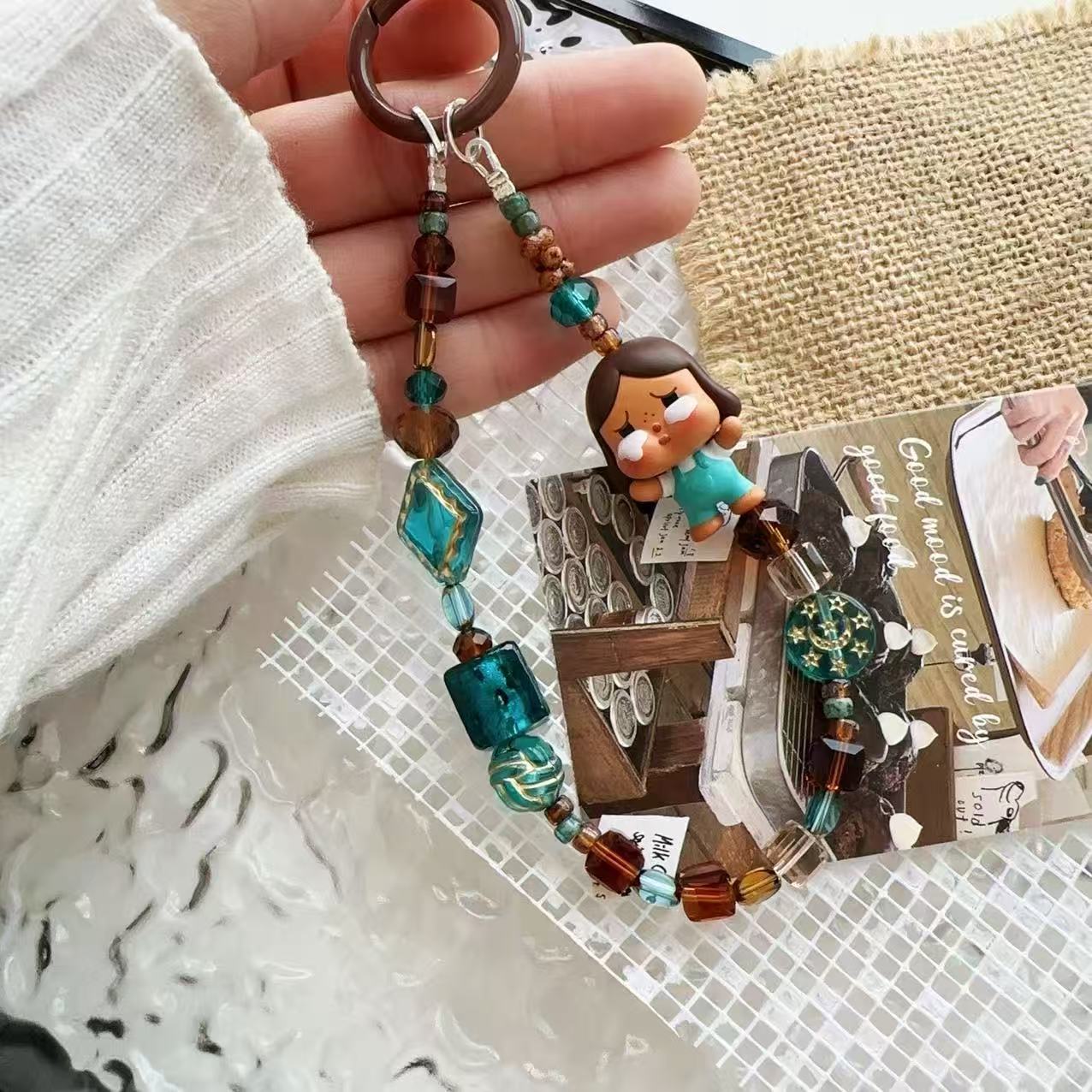 Forest green brown Czech crystal beads crying baby lanyard mobile phone chain