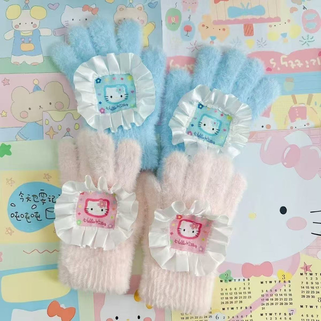 Retro Cute Cartoon Kitty Fabric Sweet Five-finger Warm Plush Touchscreen Gloves
