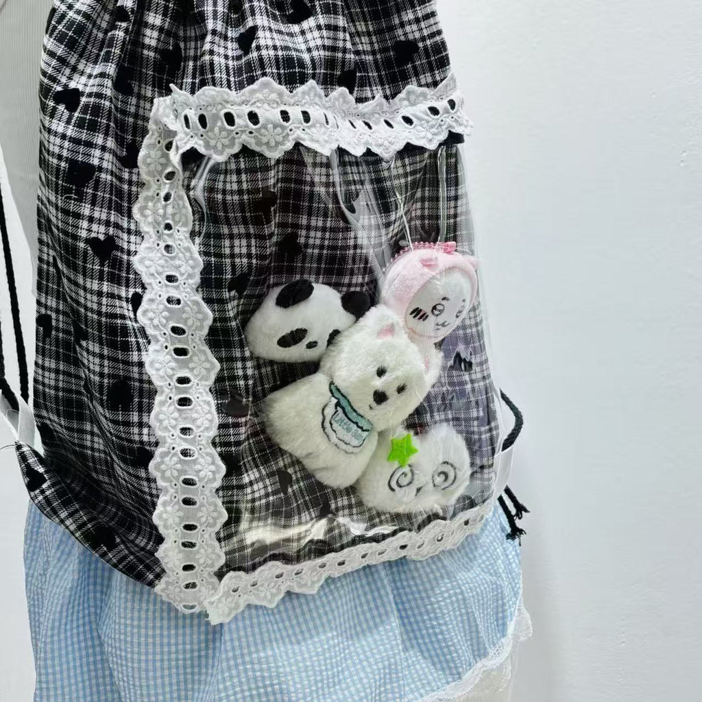 Cute Cartoon Handmade Black Plaid Lace Shoulder Bag Drawstring Bag