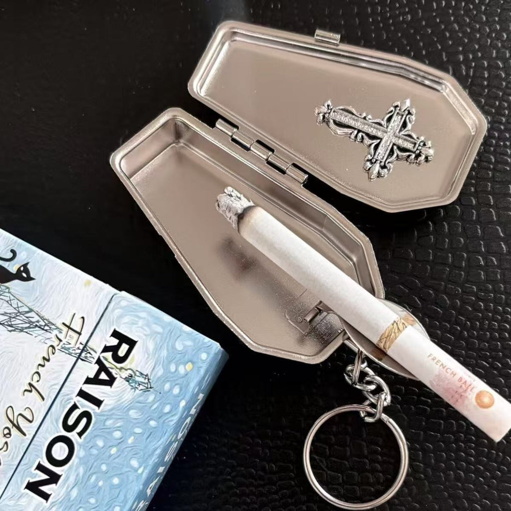 Handmade Dark Gothic Coffin Metal Small Storage Box Cross Portable Ashtray