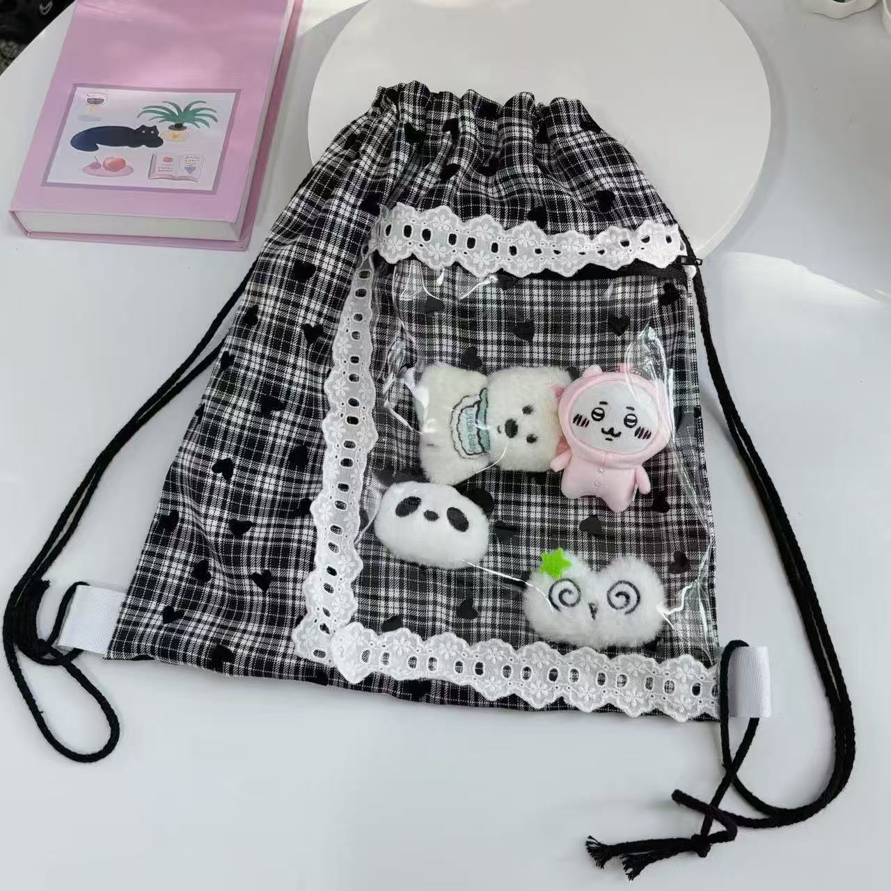 Cute Cartoon Handmade Black Plaid Lace Shoulder Bag Drawstring Bag