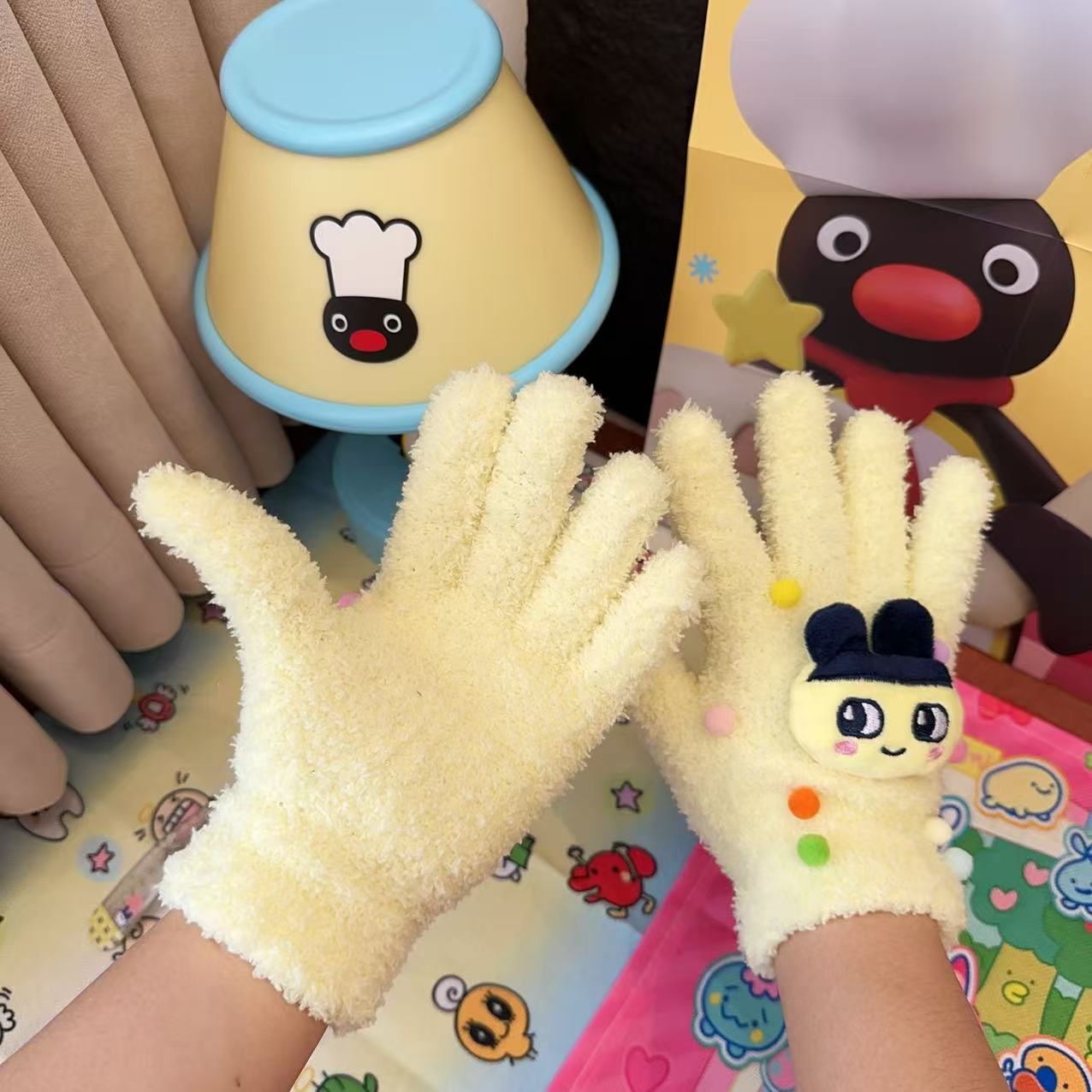 Japanese Cartoon Tamagotchi Yellow Plush Ladies Gloves