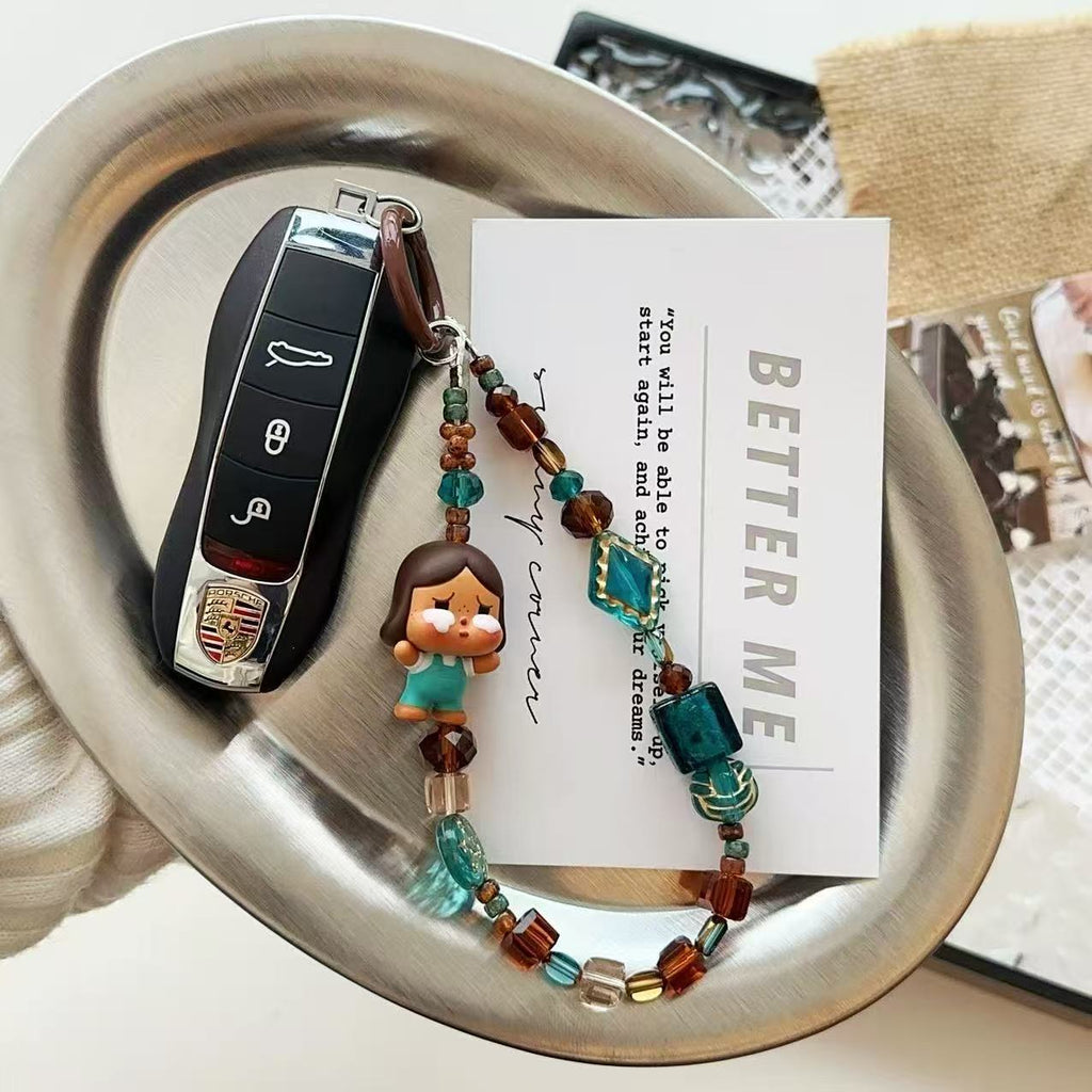 Forest green brown Czech crystal beads crying baby lanyard mobile phone chain