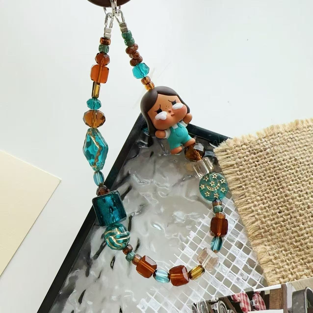 Forest green brown Czech crystal beads crying baby lanyard mobile phone chain