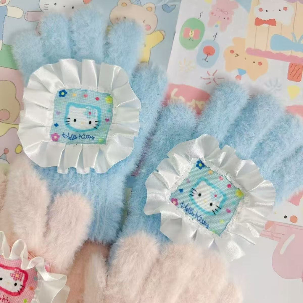 Retro Cute Cartoon Kitty Fabric Sweet Five-finger Warm Plush Touchscreen Gloves