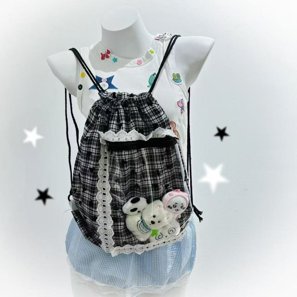 Cute Cartoon Handmade Black Plaid Lace Shoulder Bag Drawstring Bag