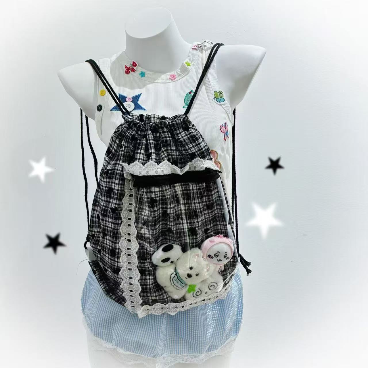 Cute Cartoon Handmade Black Plaid Lace Shoulder Bag Drawstring Bag