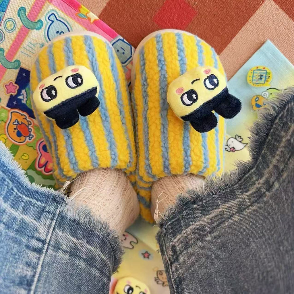Cute cartoon Tamagotchi autumn and winter fur shoes home contrast color stripes fashion high-end personality cotton slippers for men and women