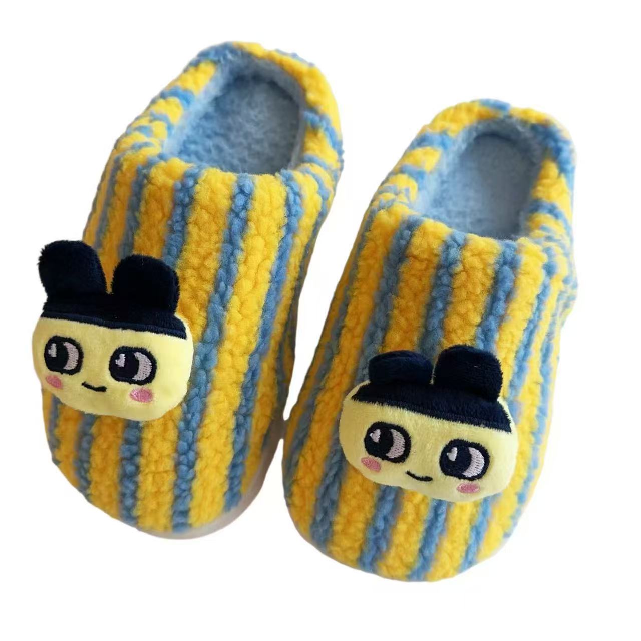 Cute cartoon Tamagotchi autumn and winter fur shoes home contrast color stripes fashion high-end personality cotton slippers for men and women