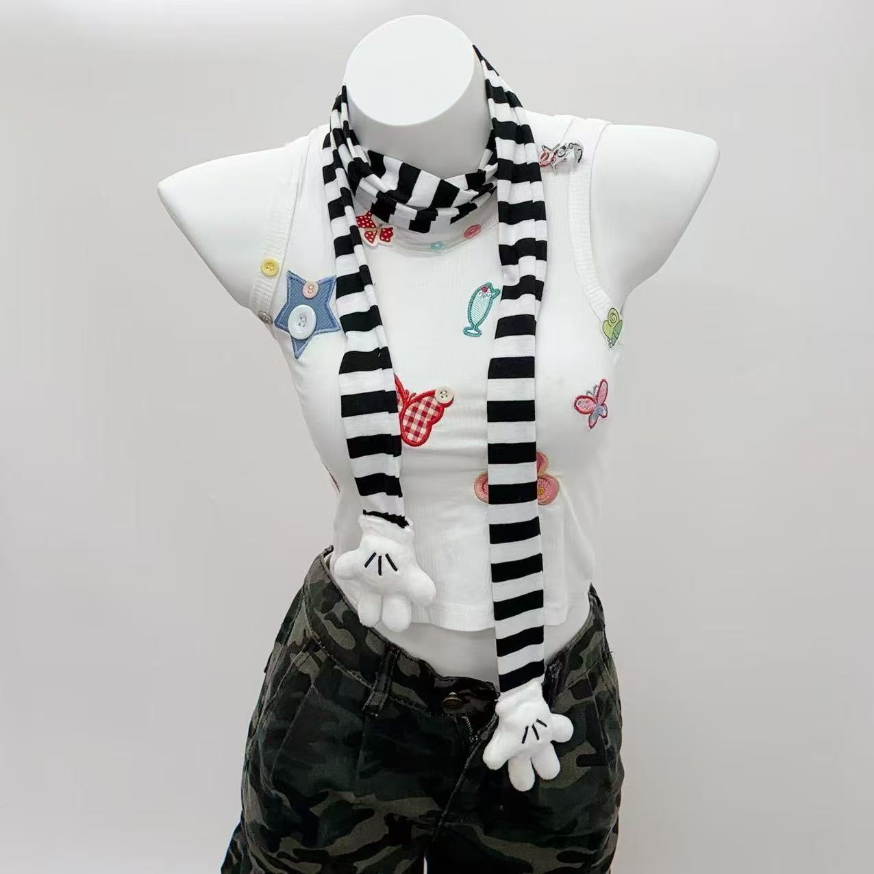 Black And White Striped Cartoon Cute Scarf Ins Striped Shape Long Thin Scarf Neck