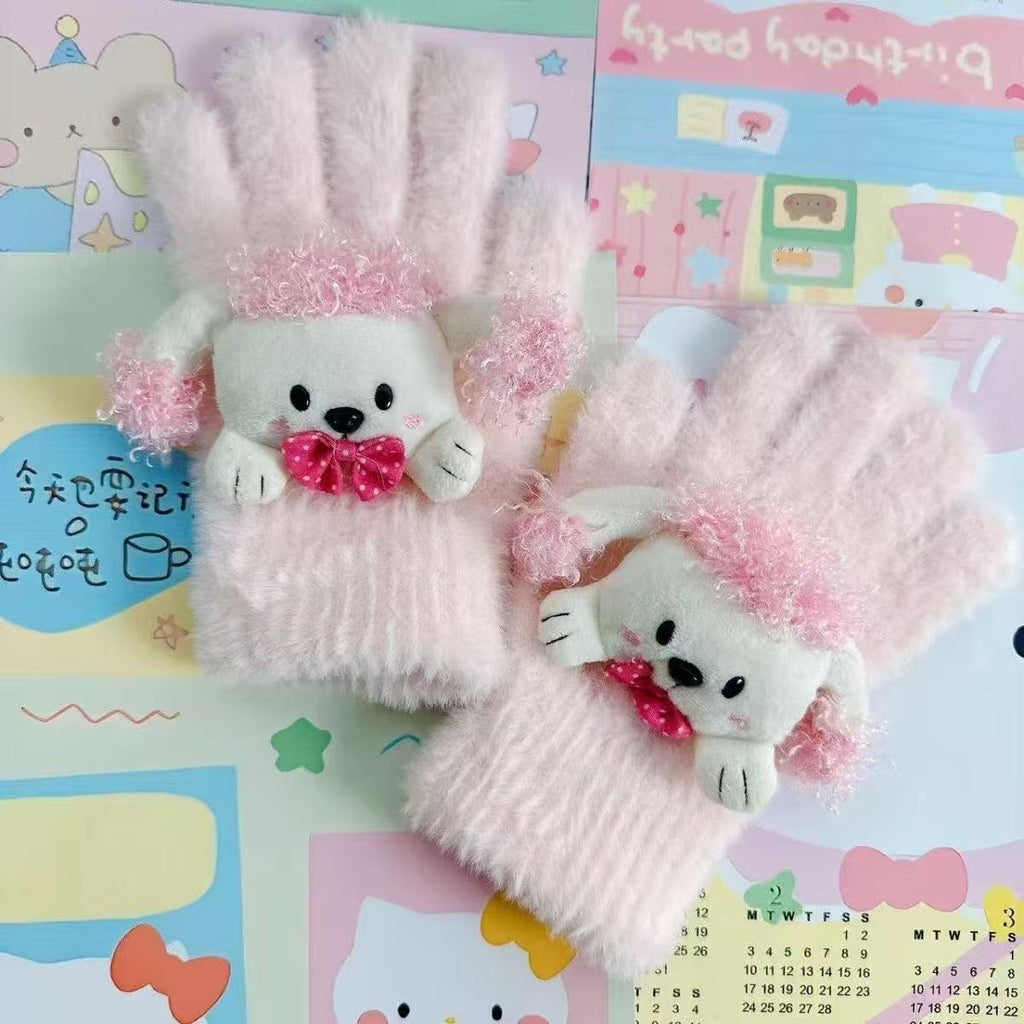 Retro Cute Showa-era Style Puppy Sweet Five-finger Warm Plush Touchscreen Gloves