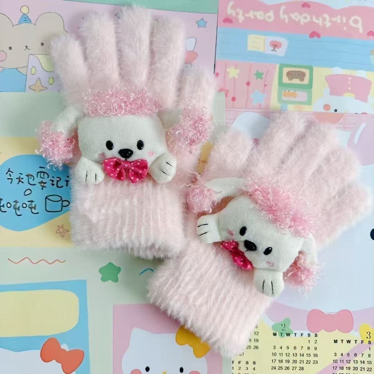 Retro Cute Showa-era Style Puppy Sweet Five-finger Warm Plush Touchscreen Gloves