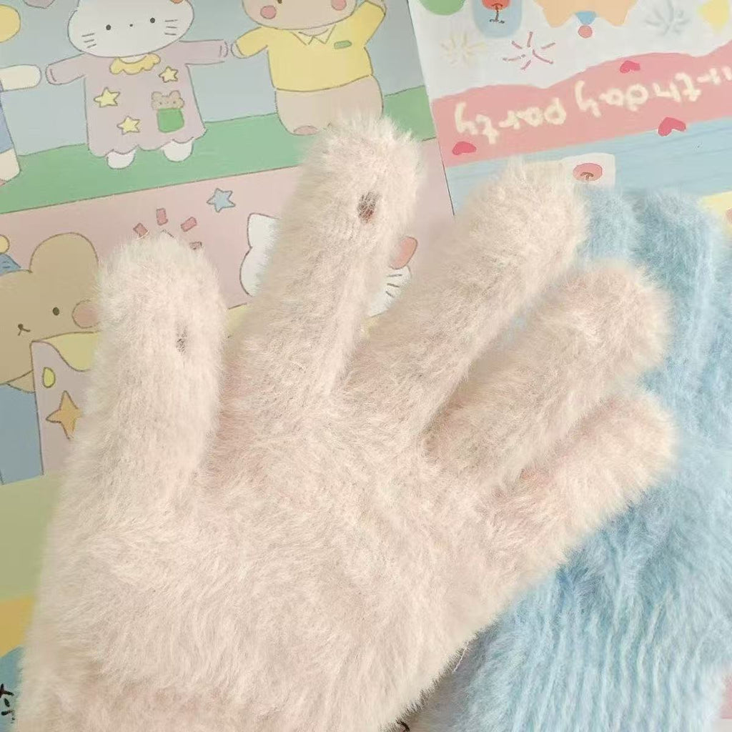 Retro Cute Cartoon Kitty Fabric Sweet Five-finger Warm Plush Touchscreen Gloves