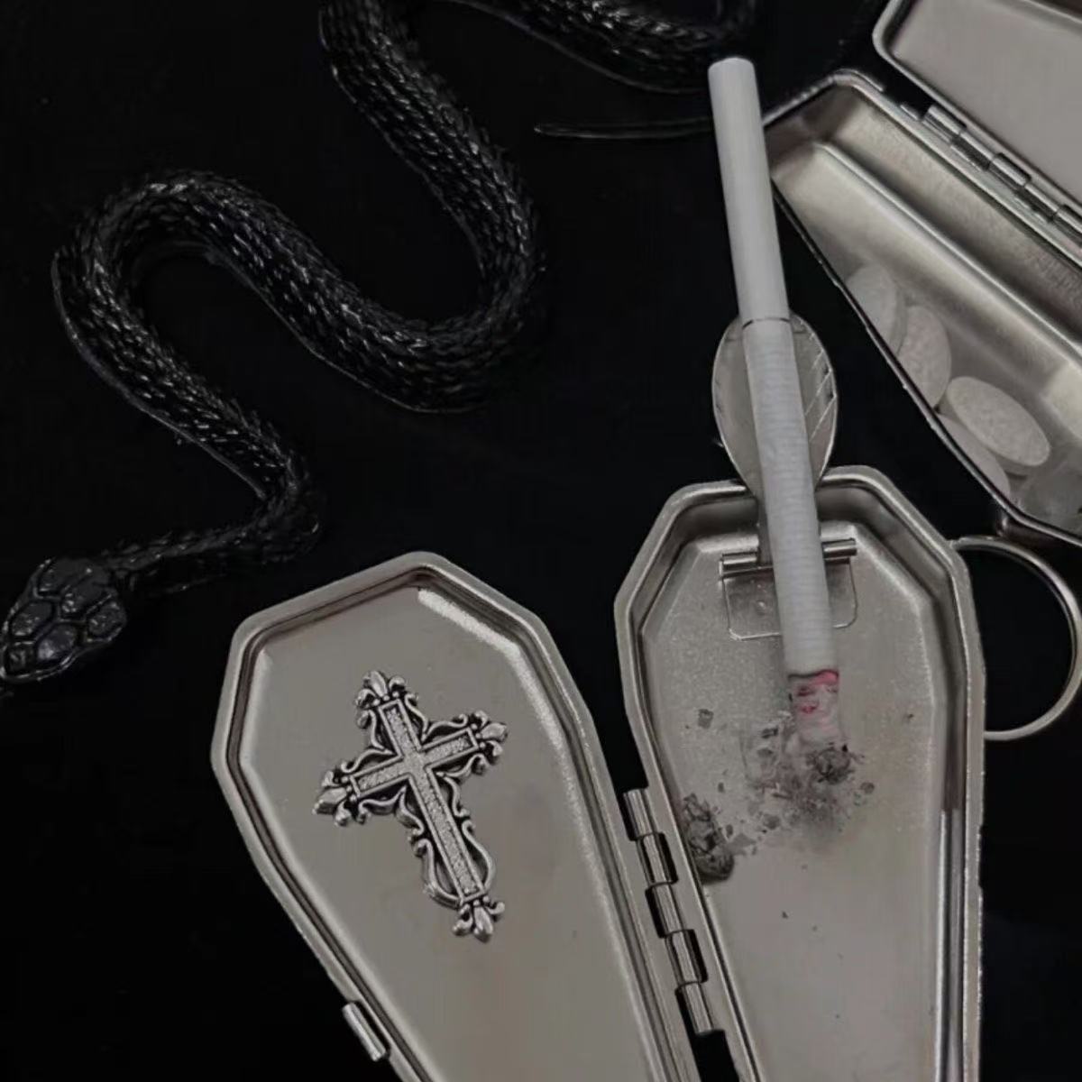 Handmade Dark Gothic Coffin Metal Small Storage Box Cross Portable Ashtray