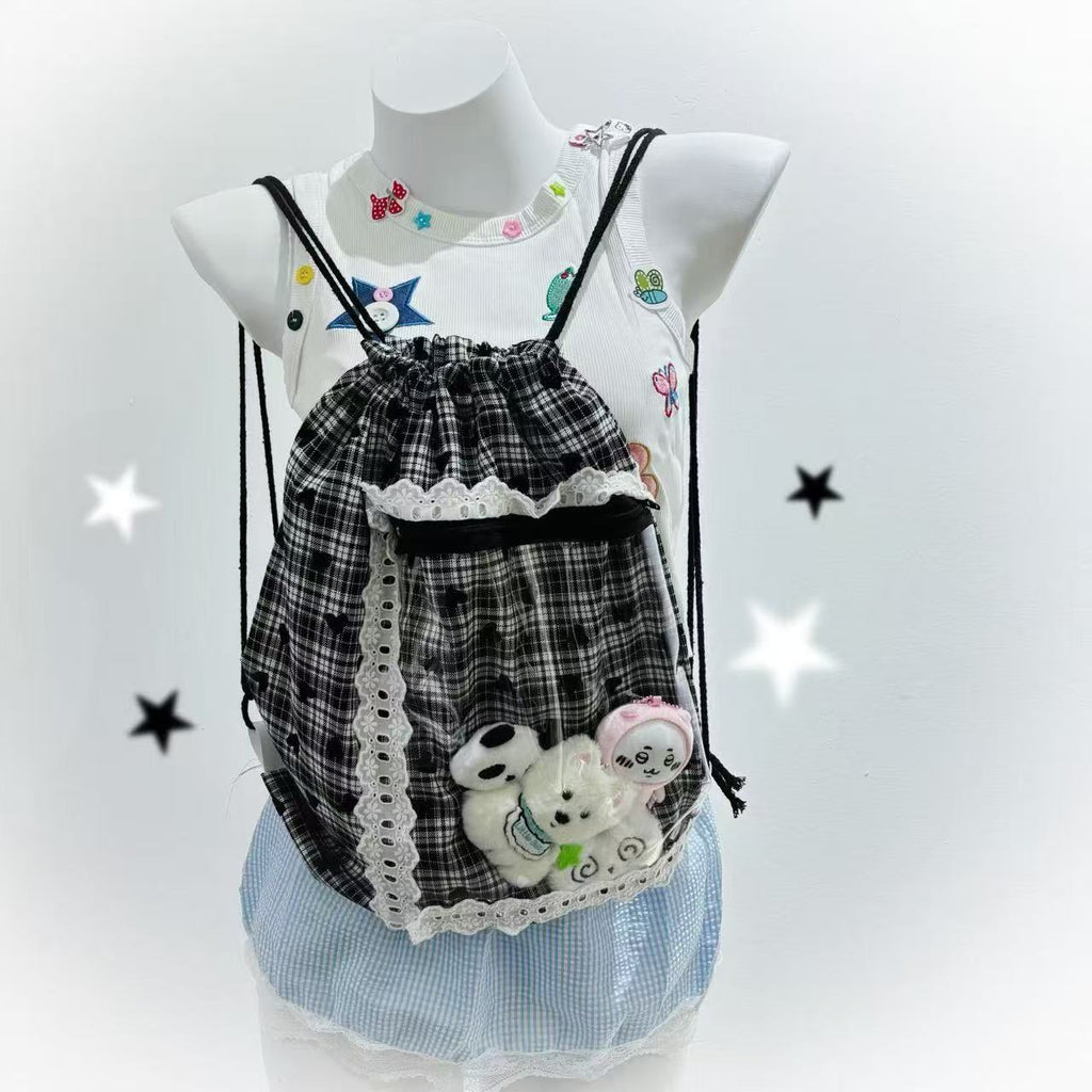 Cute Cartoon Handmade Black Plaid Lace Shoulder Bag Drawstring Bag