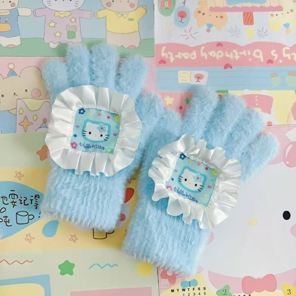 Retro Cute Cartoon Kitty Fabric Sweet Five-finger Warm Plush Touchscreen Gloves