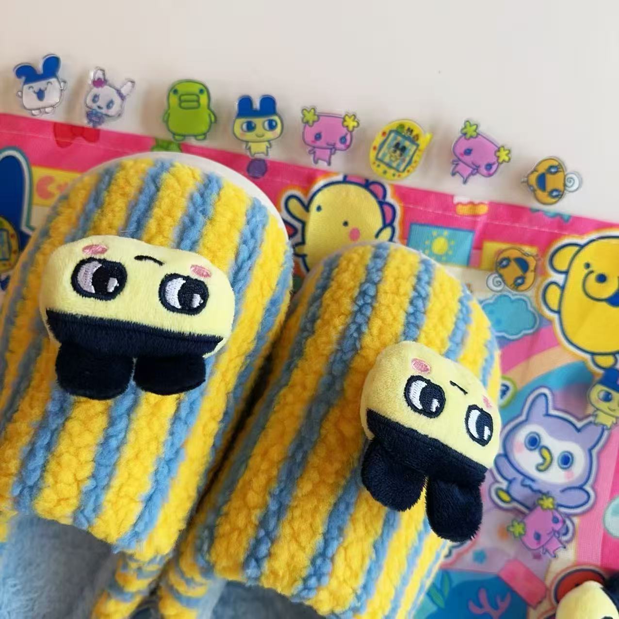 Cute cartoon Tamagotchi autumn and winter fur shoes home contrast color stripes fashion high-end personality cotton slippers for men and women