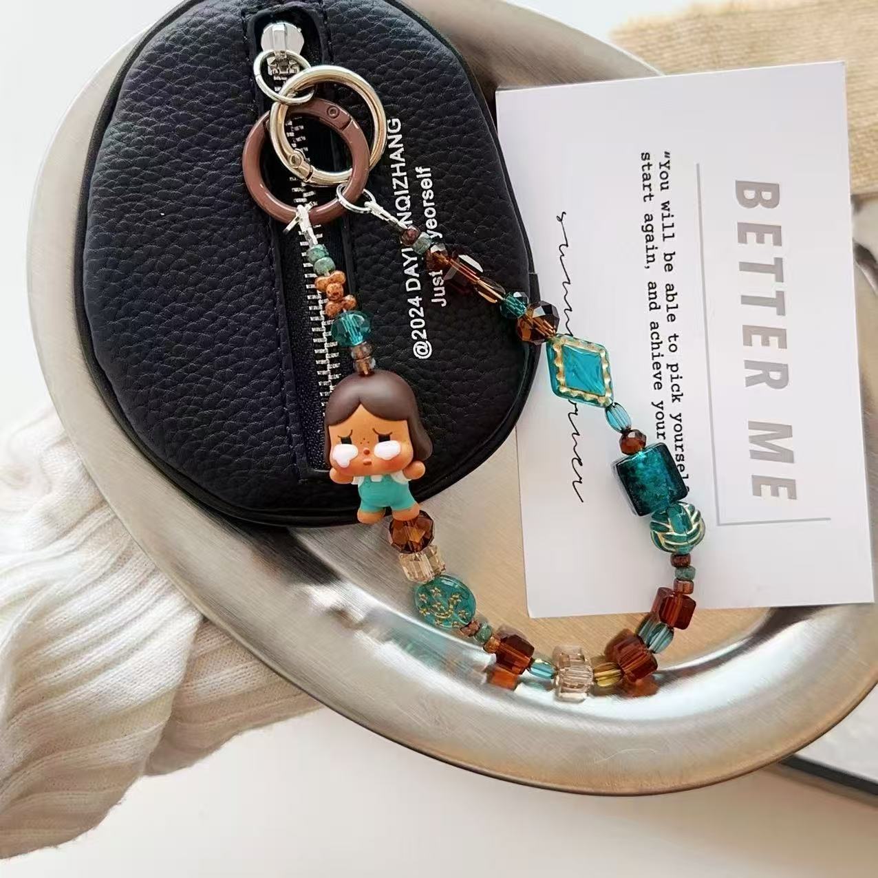 Forest green brown Czech crystal beads crying baby lanyard mobile phone chain