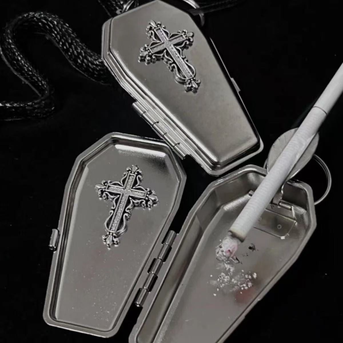 Handmade Dark Gothic Coffin Metal Small Storage Box Cross Portable Ashtray