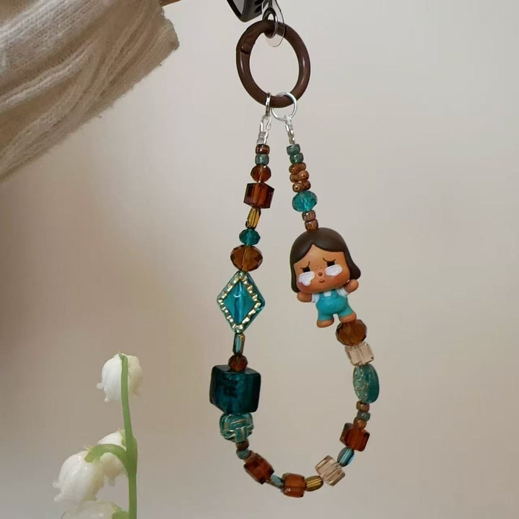 Forest green brown Czech crystal beads crying baby lanyard mobile phone chain