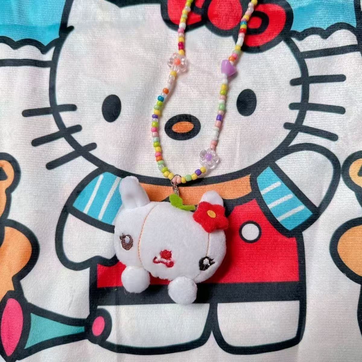 Showa-era Style Plush Bunny And Dog Beaded Necklace, Candy-colored Accessories, Y2K Hot Girl Style.