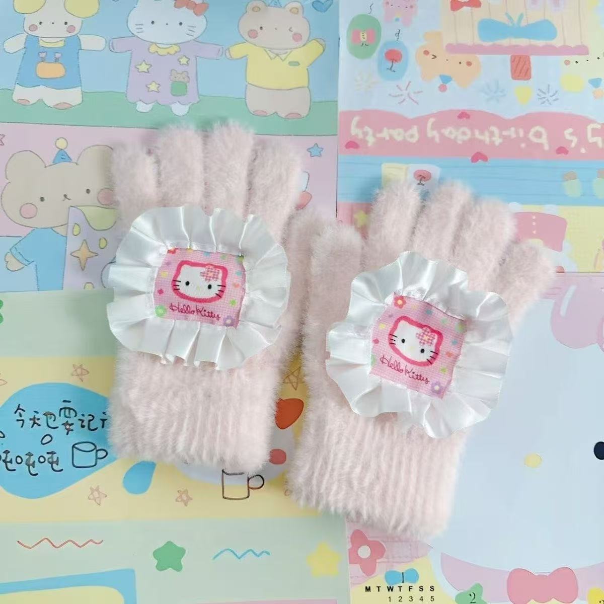 Retro Cute Cartoon Kitty Fabric Sweet Five-finger Warm Plush Touchscreen Gloves