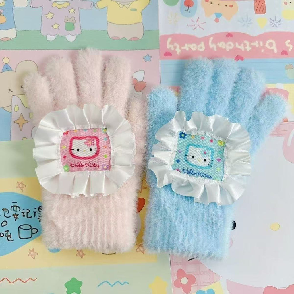 Retro Cute Cartoon Kitty Fabric Sweet Five-finger Warm Plush Touchscreen Gloves