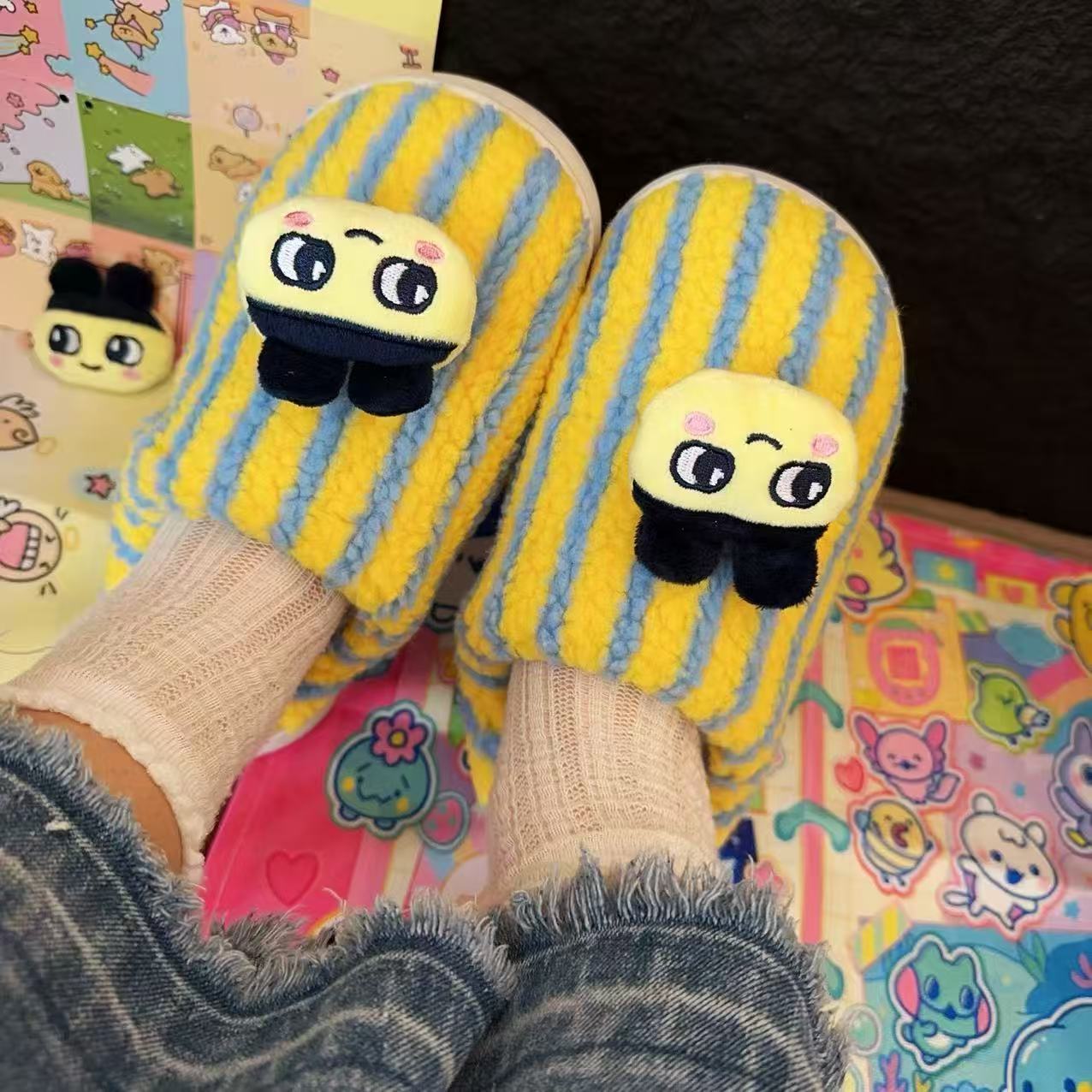 Cute cartoon Tamagotchi autumn and winter fur shoes home contrast color stripes fashion high-end personality cotton slippers for men and women
