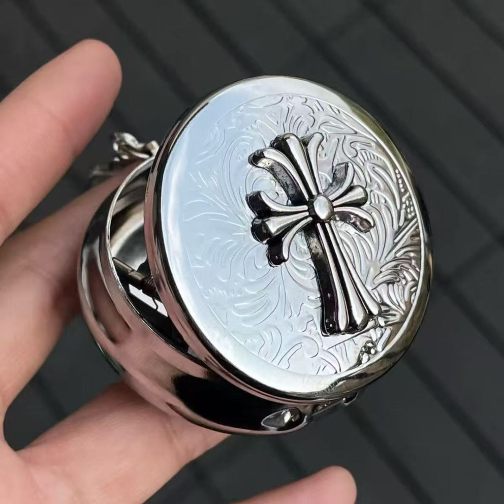 Retro Gothic Silver Alloy Cross Portable Ashtray Pendant Storage Box