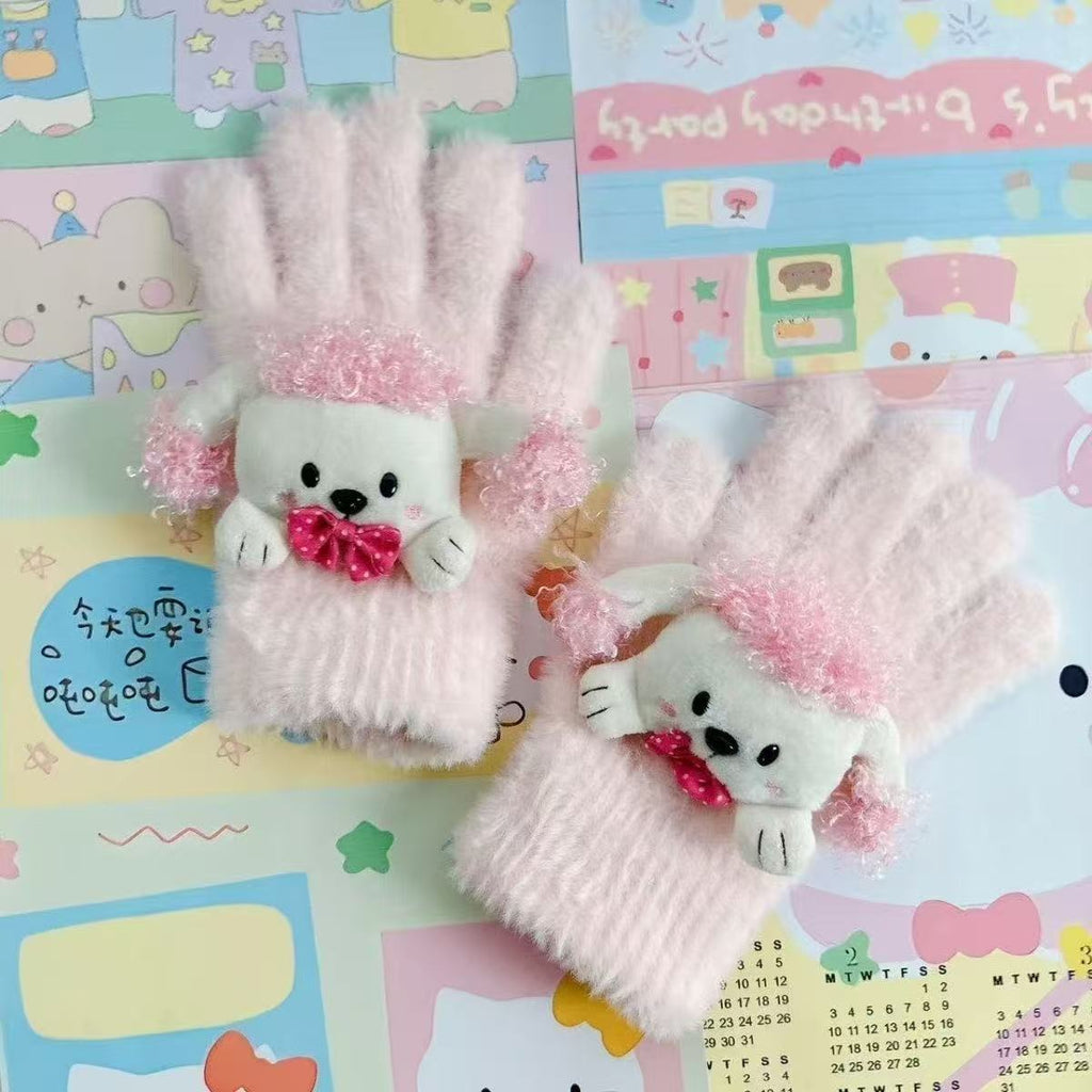 Retro Cute Showa-era Style Puppy Sweet Five-finger Warm Plush Touchscreen Gloves