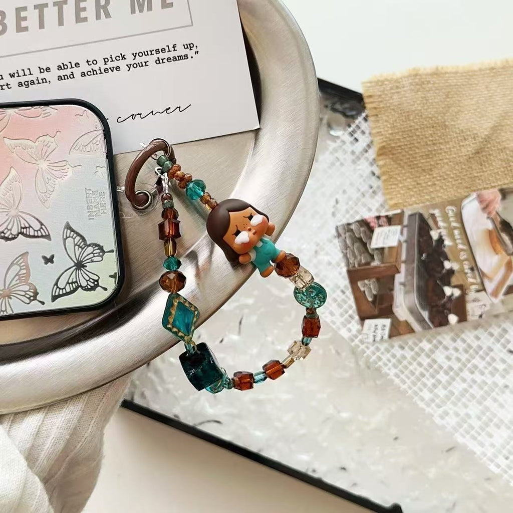 Forest green brown Czech crystal beads crying baby lanyard mobile phone chain