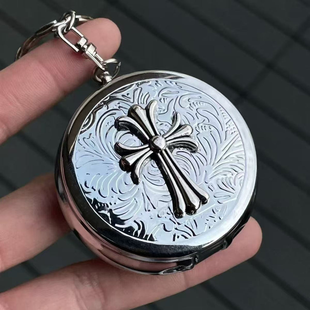 Retro Gothic Silver Alloy Cross Portable Ashtray Pendant Storage Box