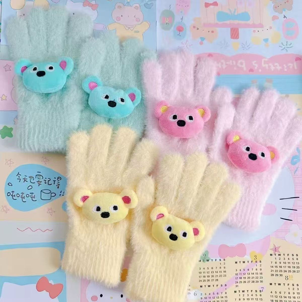 Retro Cute Pop Bear Candy Color Bear Five-Finger Warm Plush Touchscreen Gloves