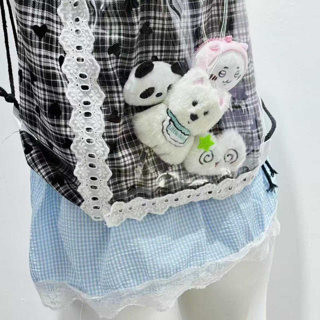 Cute Cartoon Handmade Black Plaid Lace Shoulder Bag Drawstring Bag