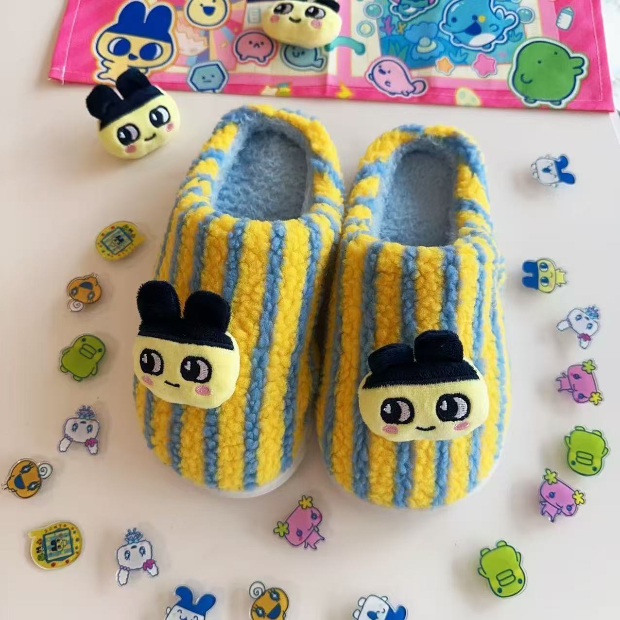 Cute cartoon Tamagotchi autumn and winter fur shoes home contrast color stripes fashion high-end personality cotton slippers for men and women