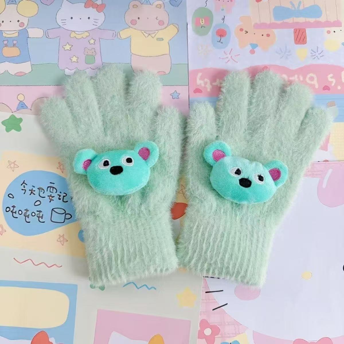 Retro Cute Pop Bear Candy Color Bear Five-Finger Warm Plush Touchscreen Gloves