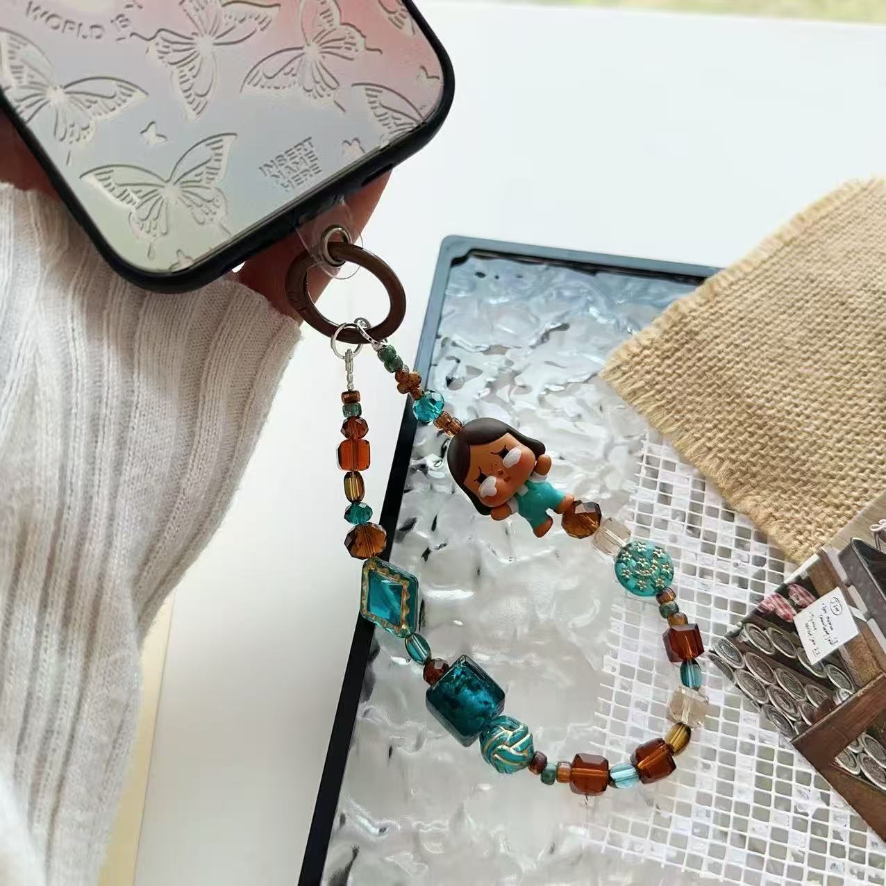 Forest green brown Czech crystal beads crying baby lanyard mobile phone chain