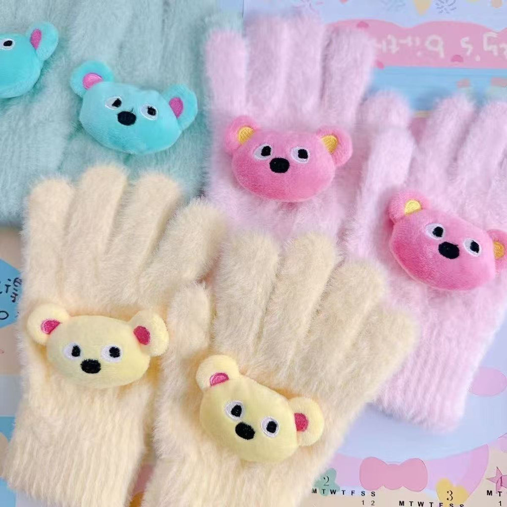 Retro Cute Pop Bear Candy Color Bear Five-Finger Warm Plush Touchscreen Gloves