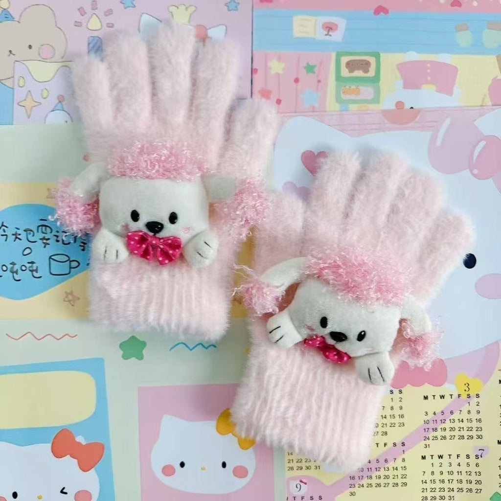 Retro Cute Showa-era Style Puppy Sweet Five-finger Warm Plush Touchscreen Gloves