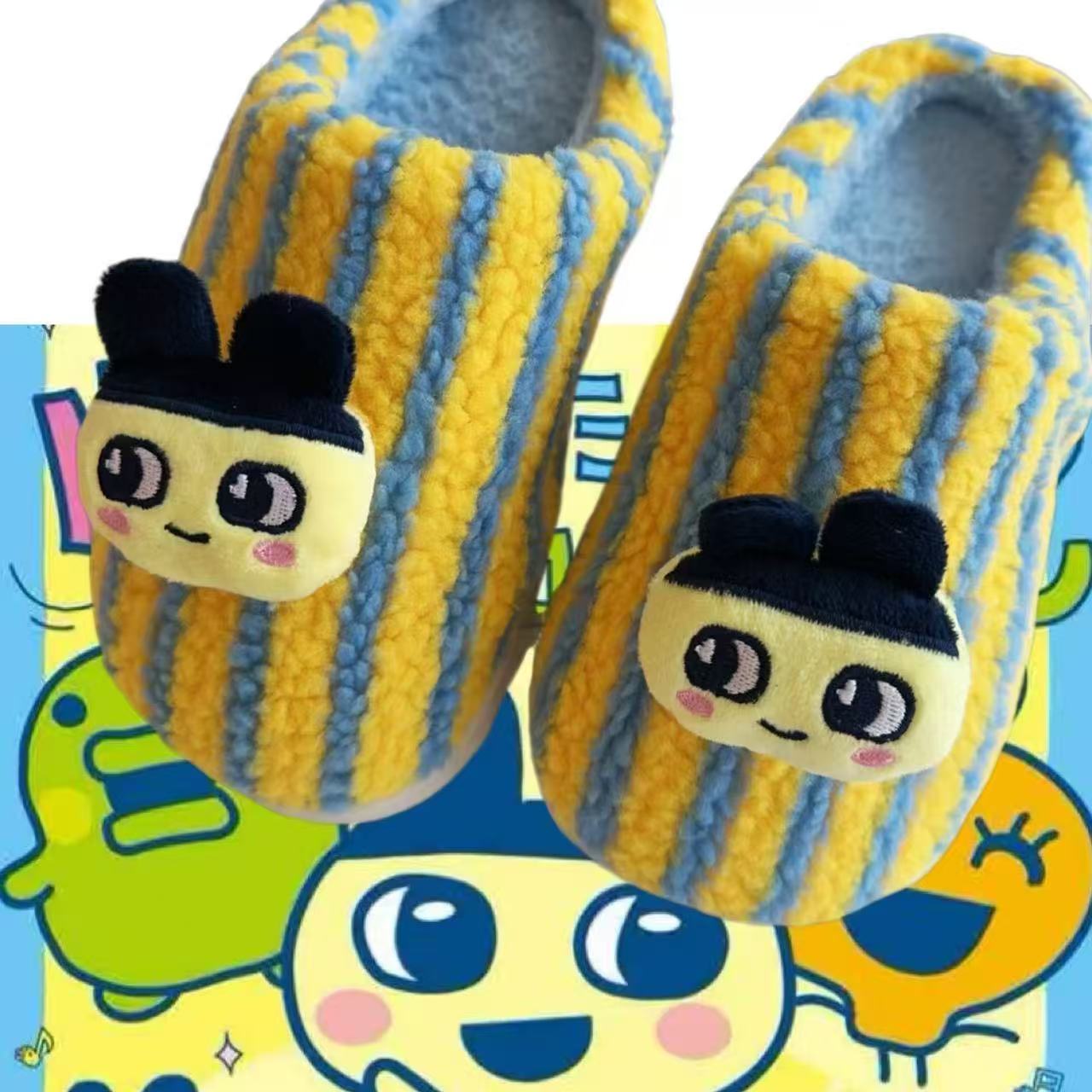 Cute cartoon Tamagotchi autumn and winter fur shoes home contrast color stripes fashion high-end personality cotton slippers for men and women