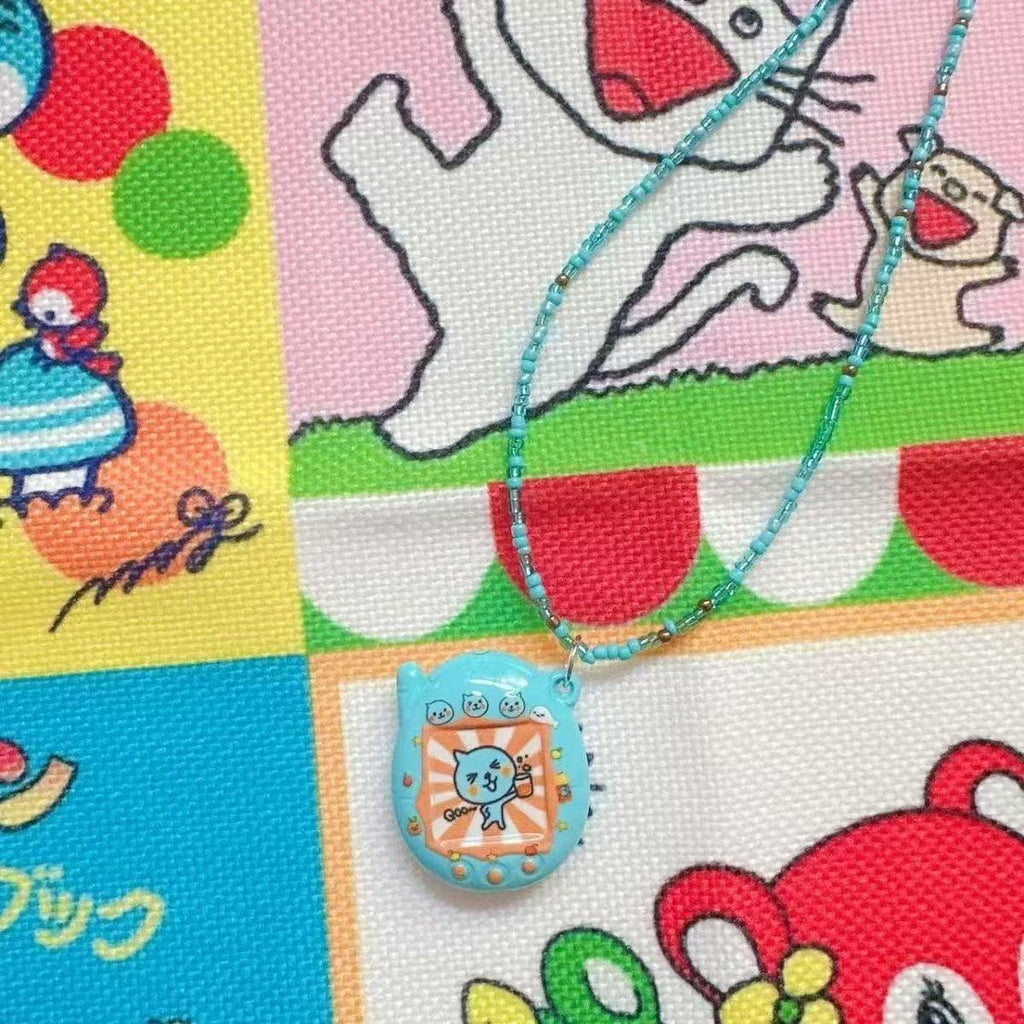 Original Homemade Blue Queer Beaded Necklace Rice Bead Chain Clavicle Chain Childlike Simulation Electronic Pet Tamagotchi