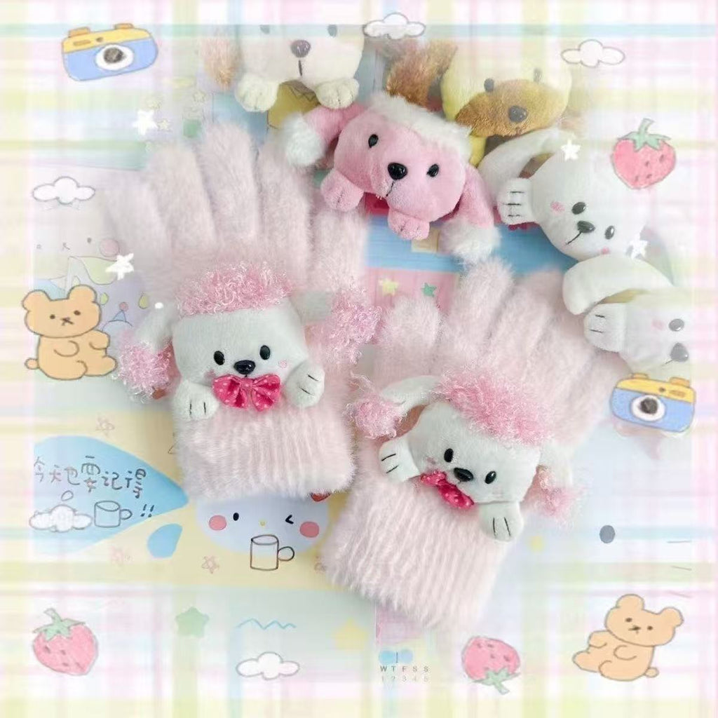 Retro Cute Showa-era Style Puppy Sweet Five-finger Warm Plush Touchscreen Gloves