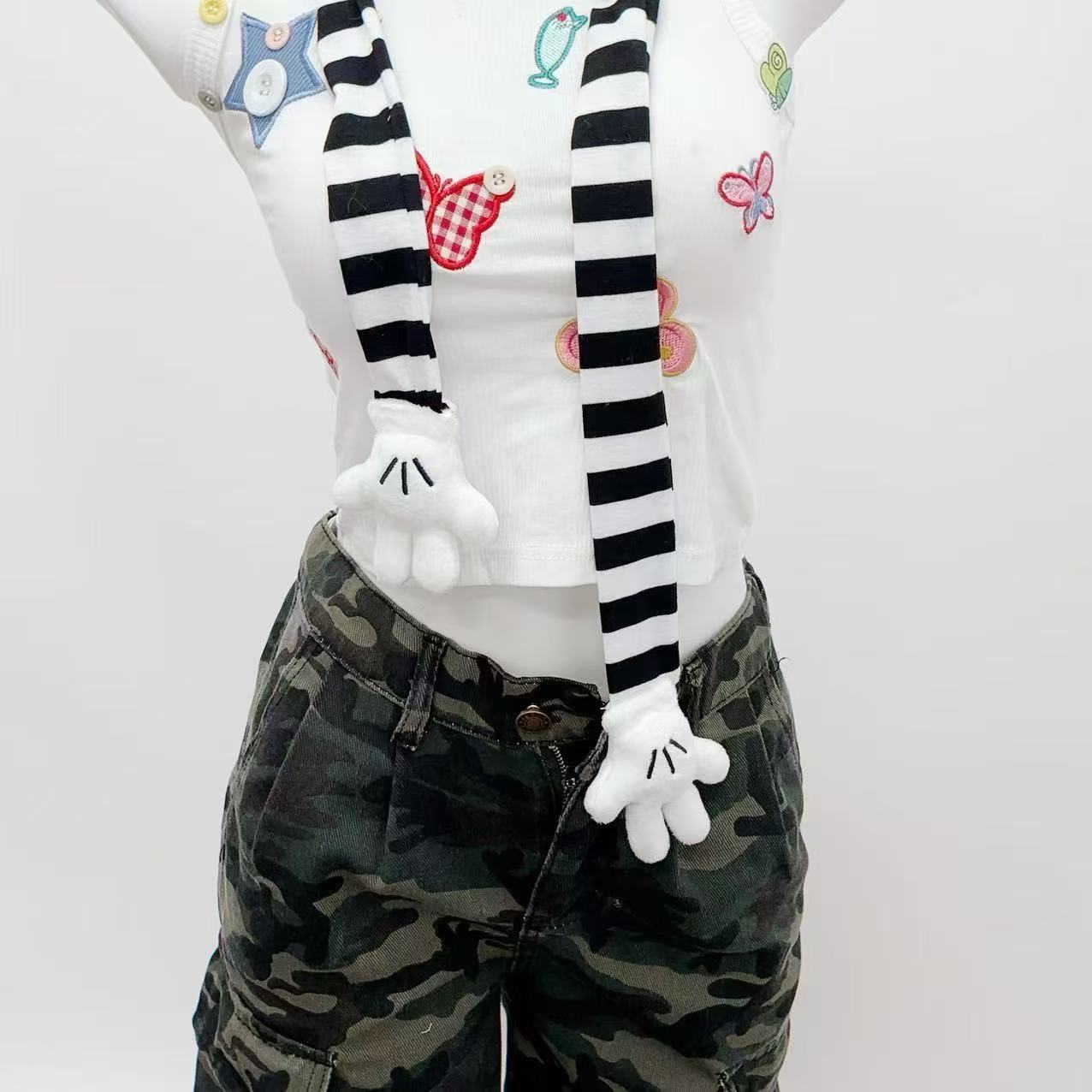 Black And White Striped Cartoon Cute Scarf Ins Striped Shape Long Thin Scarf Neck