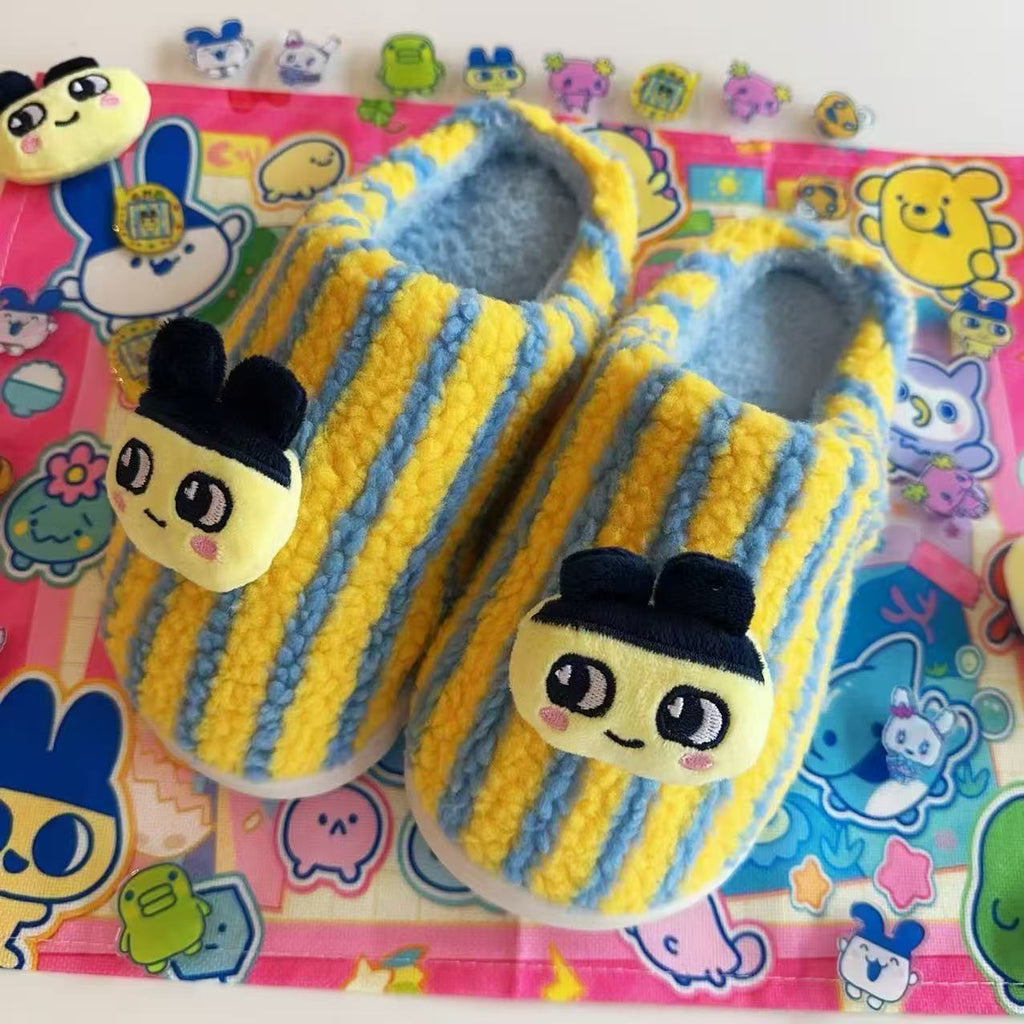 Cute cartoon Tamagotchi autumn and winter fur shoes home contrast color stripes fashion high-end personality cotton slippers for men and women